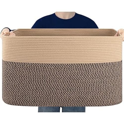 96L XL Large Cotton Rope Basket, Soft Toy Storage Bin for Nursery & Living Room, Decorative Blanket Basket for Bedroom, Baby-Safe Organizer for Pillows &Laundry, 24''×16''×15'', Brown & Black