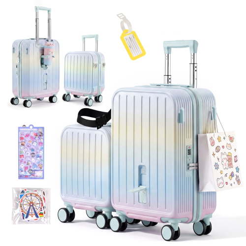 Advwin Kids Ride On Luggage Set, Connectable 20" Carry On Suitcase & 14" Underseat Luggage with Foldable Footrest, Cup Holder & Adjustable Handle, Hardshell Spinner Travel Suitcase, Gradient