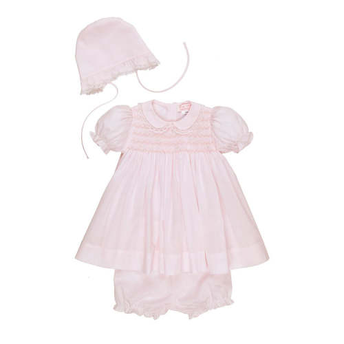 Baby Girl Pink Smocked Dress & Bonnet Set with French Lace - Petit Ami | Olive Sprout Kids