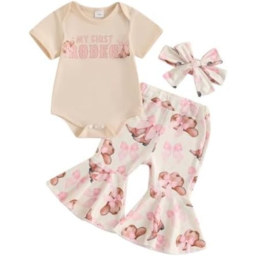 SAYOO Western Baby Girl Clothes Boots or Bows Letter Bodysuit Romper Cow Print Flared Pants Headband Cowgirl Country Outfit