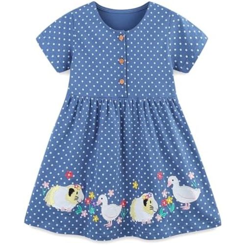 FreeLu Girls Cartoon Appliques Dress Cotton Summer Short Sleeve Dresses Casual Jersey Skirt