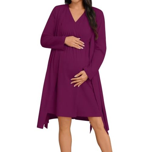 SWOMOG Women 100% Cotton Maternity Nursing Gown and Robe Set 3 in 1 Labor Postpartum Soft Nightgown for Breastfeeding