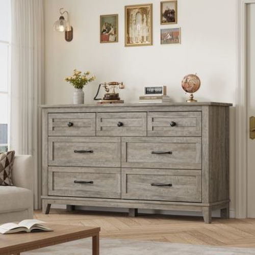 7 Dresser for Bedroom, 54" Wide Drawer Dresser with Storage Freestanding, Wooden Closet Storage Chest for Living Room, Bedroom, Office Gray