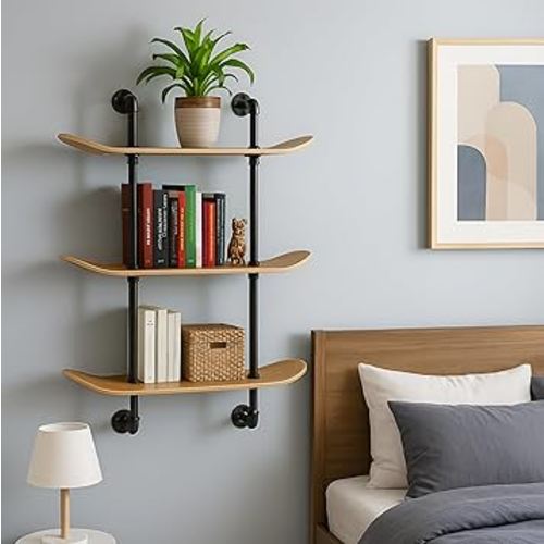 Industrial Shelves - 3 Tier Floating Shelf Bookcase with Mellow Concave Skateboard Decks - Natural Wood Stain Finish - Easy to Assemble - Bathroom Wall Decor, Book Shelf for Living Room