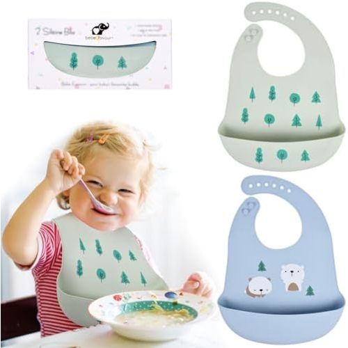 2 Pack Silicone Baby Bibs Adjustable Fit Waterproof Bib With Leak Proof Food Pouch Catcher for Eating Boys Girls