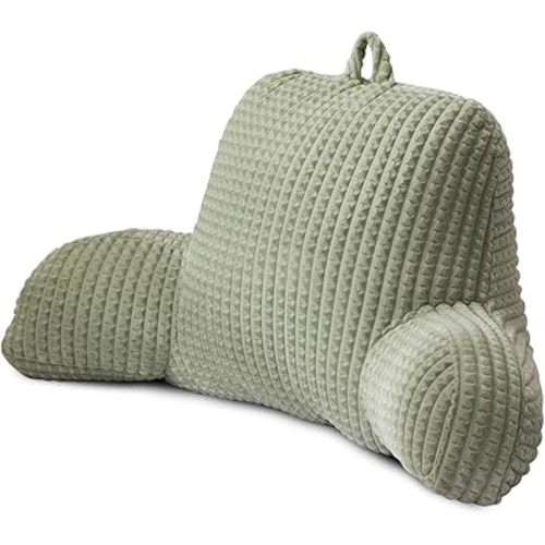 A Nice Night Reading Pillow Bed Wedge Large Adult Children Backrest with Arms Back Support for Sitting Up in Bed/Couch for Lounging Bedrest,Waffle Stereoscopic Design,LightGreen