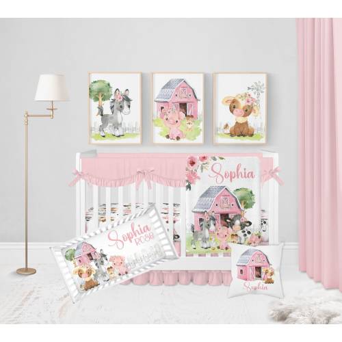 Baby Girl Crib Bedding Set, Farm Crib Bedding Set Girl, Farm Animal Nursery Bedding Set, Pink Floral Crib Bedding, Farm Nursery Decor Girl