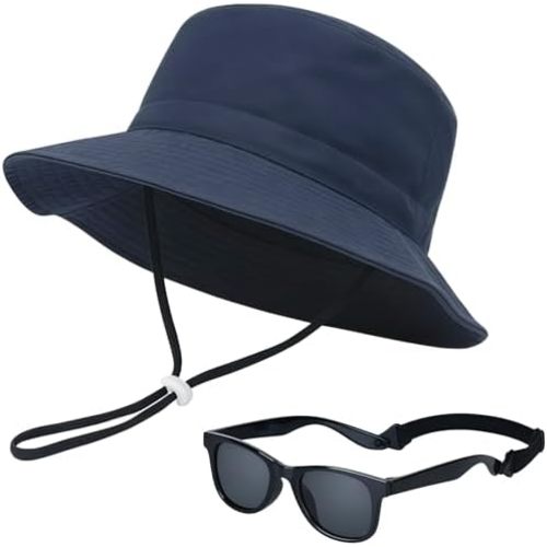 Toddler Baby Sun Hat and Polarized Sunglasses Set with Strap Adjustable UPF50+ Sun Protection Beach Hats Age 6-24 Months