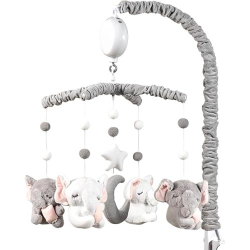 Baby Crib Mobile - Elephant Crib Mobile for Girls with 25 Inches Mobile Arm and 35 Lullabies Musical Box, 3 Modes Digital, Volume Control, Essential Gift for Infant Bedroom Hanging Decor