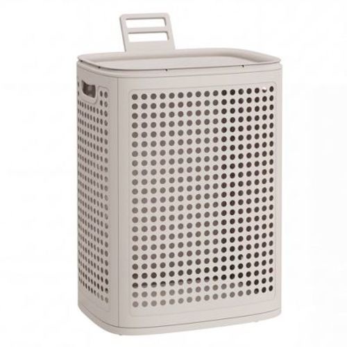 SONGMICS PP Plastic Laundry Hamper with Lid, 75 L Ventilated Laundry Basket with Cutout Handles, 16.7 x 13 x 22.4 inch, Light Beige