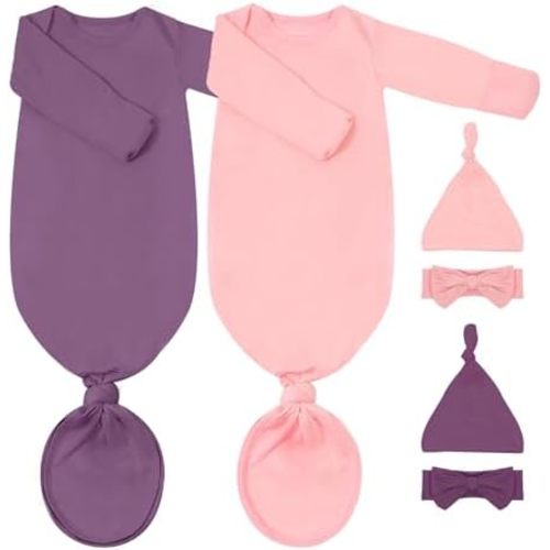 2Pack Newborn Baby Knotted Gown, Super Soft Modal Infant Long Sleeve Sleeper with Hat and Headband Set