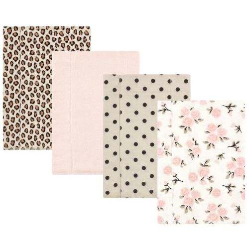 Hudson Baby Infant Girl Cotton Flannel Burp Cloths, Neutral Pink Floral 4 Pack, One Size