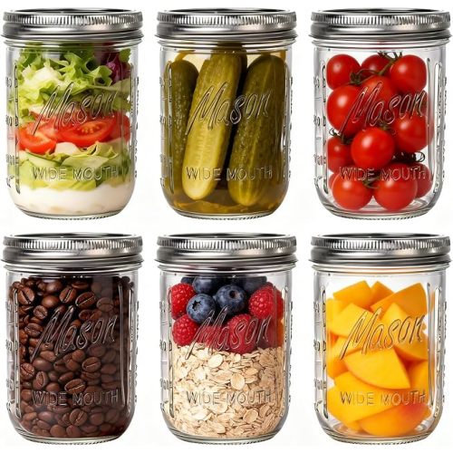 WELLIFE 6-Pack Mason Jars 16 oz with Lids – Wide Mouth Glass mason jars, Airtight Leak-Proof canning jars 16 oz for Food Storage, Fermenting, Pickling, Freezing, and Crafts