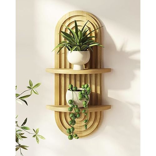 Bamworld Boho Wall Decor Plant Wall Shelf Mid Century Modern Decor Hanging Plant Shelf 2-Tier Wooden Floating Shelves for Home Bathroom Bedroom Living Room Office Holding Planter Decoration Natural
