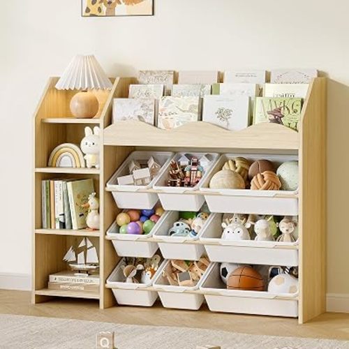 EXPERLAM Toy Storage Organizer, Scalloped Bookshelf, 4 Toy Shelves, 9 Bins