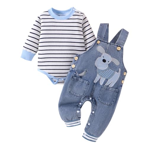 Baby Boy Clothes Fall Winter Outfits Long Sleeve Striped Romper Cute Cartoon Jeans Overalls Pants Set 0-18 Months