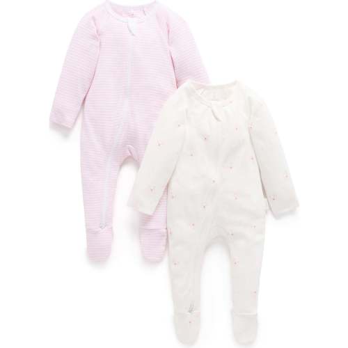 2 Pack Zip Coverall Pale Pink Bear Pack - Purebaby Sleepwear | Maisonette