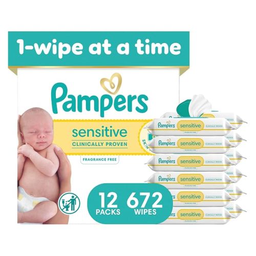 Pampers Sensitive Baby Wipes, Clinically Proven, Fragrance Free, Unscented, Water Based, Hypoallergenic Baby Wipes, Multi-Use Wipe, Hand Wipe 672 Total (12X Flip-Top Packs)