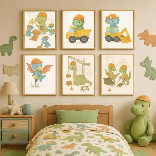 Dinosaur Construction Print Set: Dino Trucks, Nursery or Toddler Room (Digital Download
