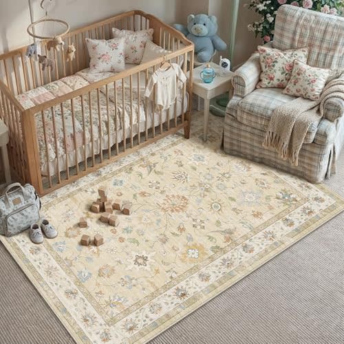 HUGEAR Area Rug 5x7 Vintage Beige Machine Washable Living Room Rugs Distressed Retro Floral Vacuumable Low Pile Carpet Bedroom Office Dining Farmhouse Playroom Non Slip