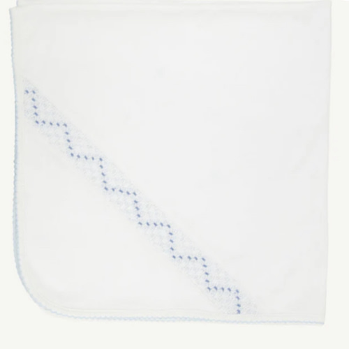 Sweetly Smocked Blessing Blanket - Worth Avenue White with Buckhead Bl