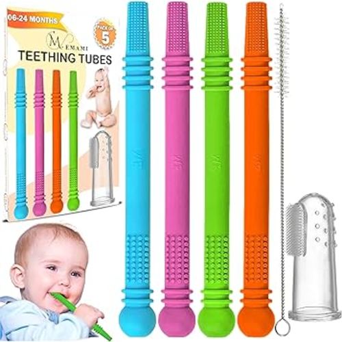 Baby Teether Tubes - Pack of 4 Hollow Teething Sticks with 1 Cleaning Brush & Toothbrush - 100% Food Grade Silicone, BPA Free, and Dishwasher Safe - 4 Vibrant Colors for 6-18 Months Babies