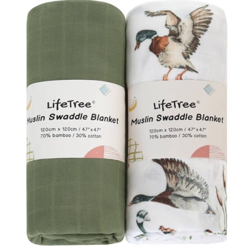 LifeTree Muslin Swaddle Blankets, Baby Swaddling Wrap Nursery Receiving Blanket for Boys & Girls, 70% Viscose from Bamboo and 30% Cotton, Large 47 x 47 inches Mallard Duck/Olive Green