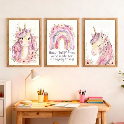 Cute Pink Unicorn Girl Quote Framed Wall Art Set of 3, Lovely Pastel Purple Rainbow Saying Sign for Baby Kid Toddlers, Cozy Watercolor Wooden Preschool Inspirational Flower Nursery Wall Decor Natural