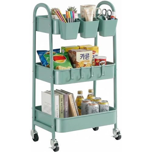danpinera 3-Tier Rolling Cart, Utility Cart Mobile Metal Rolling Storage Cart with Lockable Wheels & Hanging Cups & Hooks for Kitchen, Bathroom, Office, Workshop, Green