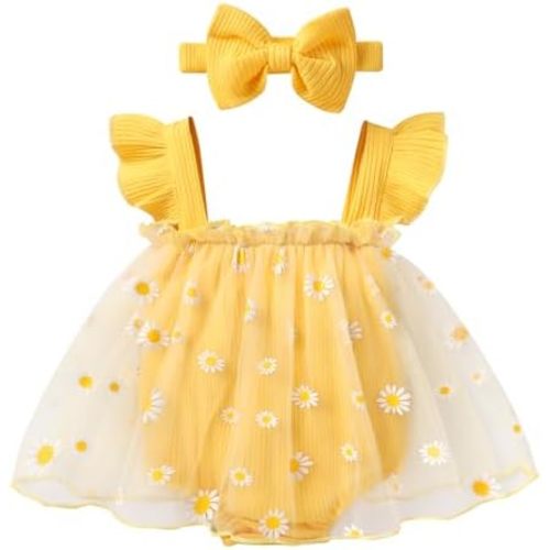 YOUNGER TREE Baby Girl Clothes Infant Summer Sleeveless Romper Dress Ribbed Floral Tulle Jumpsuit Bodysuit with Headband