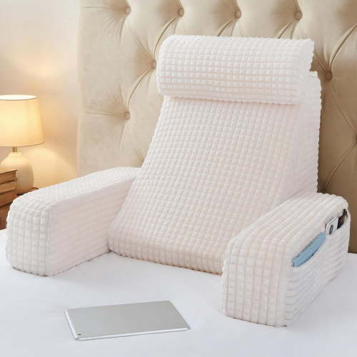 Reading Pillow,Back Pillow for Bed Sitting Up Adult,Backrest Support Pillow with Build-in Arms & XL Pockets,Rest Chair for Reading,Gaming,Relaxing,Working or Watching TV in Bed/Floor-19'' White