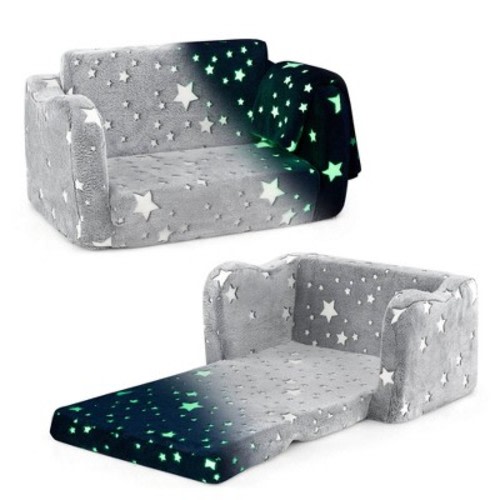 Costway 2-in-1 Kids Couch Folding Toddler Chair with Blanket Gift for 3+ Kids Gray