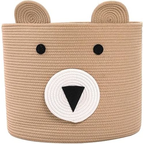 Bear Basket, Animal Basket, Large Cotton Rope Basket, Large Storage Basket, Woven Laundry Hamper, Toy Storage Bin, for Kids Toys Clothes in Bedroom, Baby Nursery (Beige, 18"x15")
