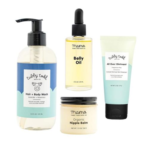 TUBBY TODD New Baby & Mom Sensitive Skincare Kit - The Mama + Baby Gift Set - Baby Shampoo and Body Wash 8.5 Oz, All Over Ointment 2 Oz, Belly Oil 2 Fl Oz & Nipple Balm 1.9 Oz - Lavender Rosemary