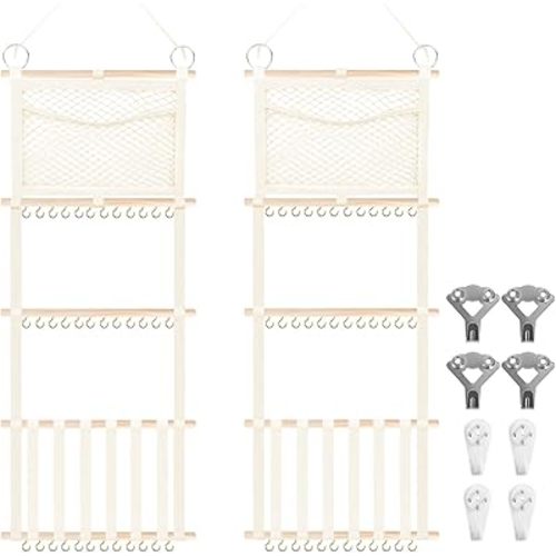 Munzong Headband Holder 52x17 inch, 2 Pack Hair Bow Organizer for Baby Girls, Beige Wall Hanging Headband Organizers w/Storage Net, Hair Accessories Storage Hanger for Toddler Kids Nursery Room Decor