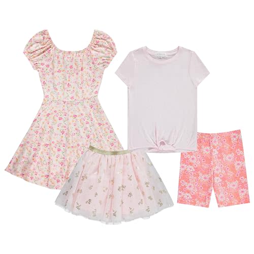 BTween Girls 4 Pack Dress Wardrobe Sleeveless Dress, T-Shirt, Shorts, Skirt Aqua, Flora, Laven, Pink Sizes 4/5 to 14-16