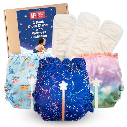 Wonderland Reusable Cloth Diapers with Wetness Indicator, Waterproof & Skin Friendly Covers and Insert, Washable Diapers for Newborns, Baby (11-33 pounds, One Size, 3 Packs)