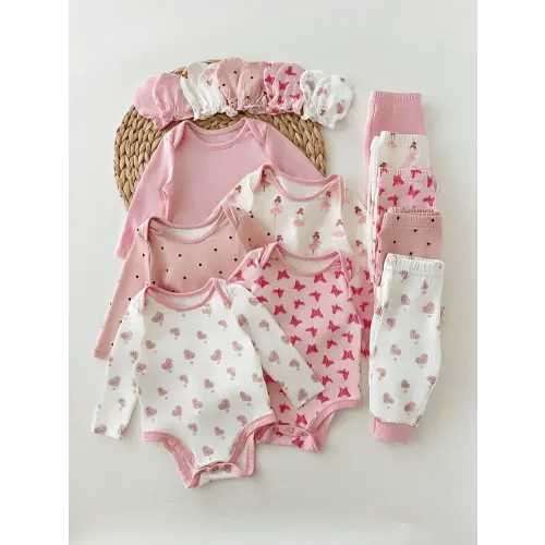 SHEIN Newborn Baby Girl Cute Fashion Casual Knitted Cartoon Polka Dot Long-Sleeved Jumpsuit With Matching Elastic Band Printed Trousers And Matching Color Gloves. 15-Piece Set, Suitable For Autumn And Winter. Buy Clothes And Get Gloves For Free. The Color