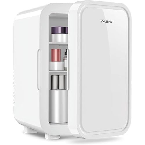 YASHE Mini Fridge, 6 Liter/8 Can 110V AC/DC Portable Thermoelectric Cooler Refrigerators for Bedroom, Personal Skin Care Fridge for Cosmetics, Drink, Milk, Office, Dorm Room and Car, White