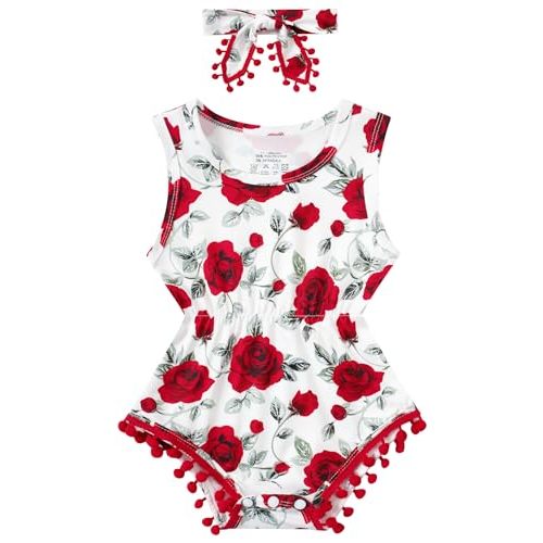 UNICOMIDEA Baby Girl Romper with Headband 3D Print Sleeveless Outfit 0-24M | Newborn Girl Clothes 0-24M,3D Print,Pom-Pom Trim, Easy Diaper Snap,Infant Baby Gift,Machine Washable