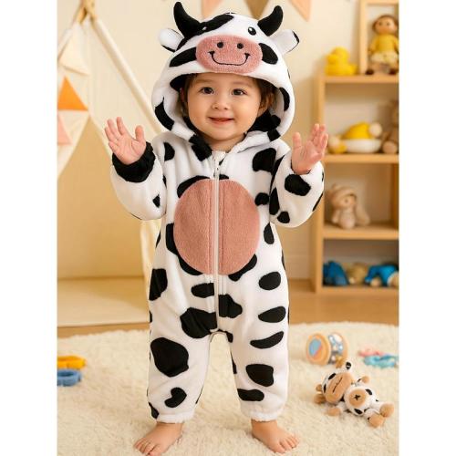 [Adorable Cow Plush Romper] Soft Fluffy Adorable Black & White - TikTok Shop