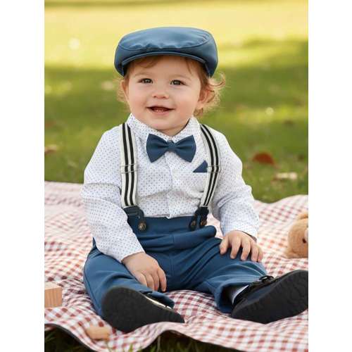 BOARNSEORL 3pcs Baby Boys Gentleman Outfit Set: Long Sleeve Shirt With Bow Tie, Suspender Pants, And Hat, Suitable For Birthday Party, Evening Party, Wedding, Christening, 1st Birthday And Other Festivals | SHEIN USA