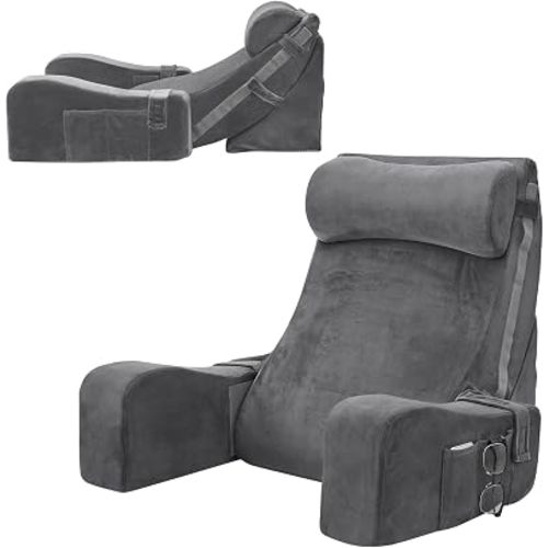 Sasttie Reading Pillow with Armrests, 15–25 Inch Adjustable Back Rest Pillow with Secure Side Straps, Memory Foam Back Support Cushion Bed Chair for Reading, Gaming & Relaxing, Dark Grey
