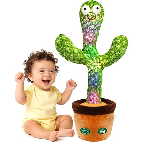 Pbooo Talking Dancing Cactus Toy for Baby, Repeats What You Say & Recording, 120 Songs Interactive Musical Toy with Volume Control, Light Up Tummy Time Infant Toys for 6 12 Months, 1 Year Old Gifts