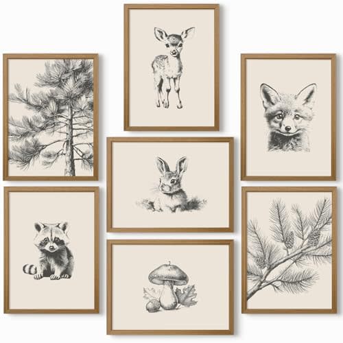Nursery Wall Art Woodland Animal Canvas Wall Decor Baby Room Pictures Forest Animal Prints Kids Wall Art Pine Tree Poster Nature Vintage Artwork Deer Fox Painting for Bedroom 8x10x7 Inch Unframed