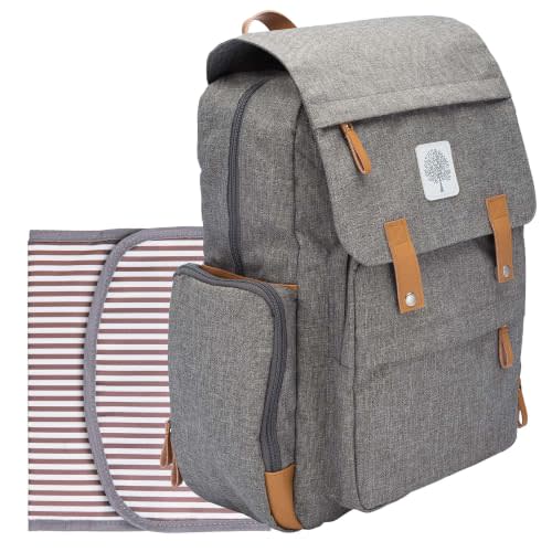 Parker Baby Co. 8-Year Original Birch Diaper Backpack - Gray | Parker Baby Co. roomy hands-free bag with insulated bottle pockets, stroller straps, and baby travel storage
