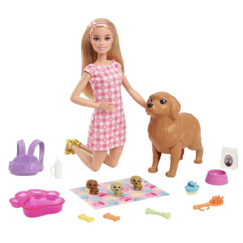 Barbie Doll & Newborn Pets Playset with Pregnant Mom Dog, Color-Change Puppies & Accessories, Blonde