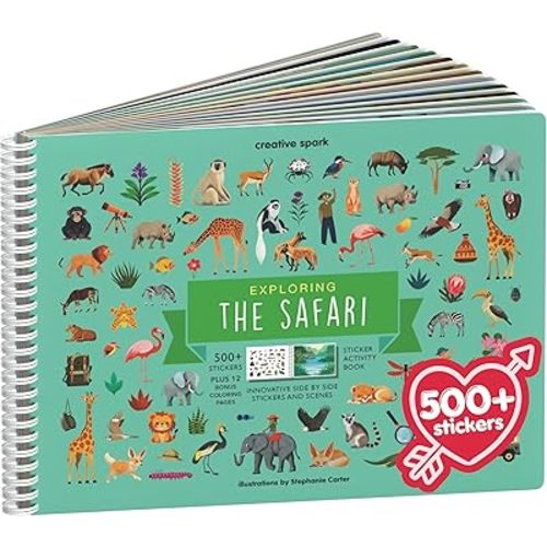 Cupkin Safari Animal Sticker Book Activity for Kids, Toddler Airplane Travel Essentials, 500+ Stickers for Kids + 12 Scenes + 12 Coloring Book Pages, Animal Lover Children's Gift, Crafts Ages 2-8