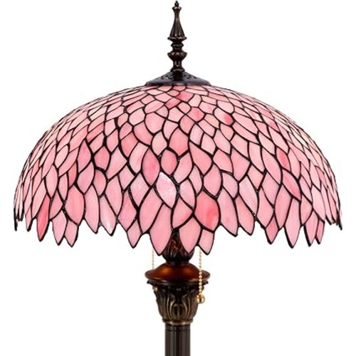 WERFACTORY Tiffany Floor Lamp Pink Wisteria Stained Glass Standing Reading Light 16X16X64 Inches Antique Style Pole Corner Lamp Decor Bedroom Living Room Home Office S523P Series