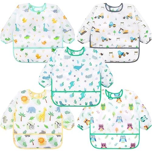 Accmor 5 Pack Long Sleeve Baby Bibs, Waterproof Sleeved Bib Smock for Baby Toddler 6-36 Months